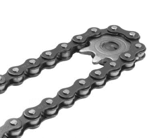 Close-up of a metal chain connected to a sprocket, used for power transmission. Close-up of a metal chain connected to a sprocket, used for power transmission.