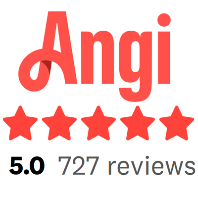Angi logo with five red stars, a 5.0 rating, and the text 