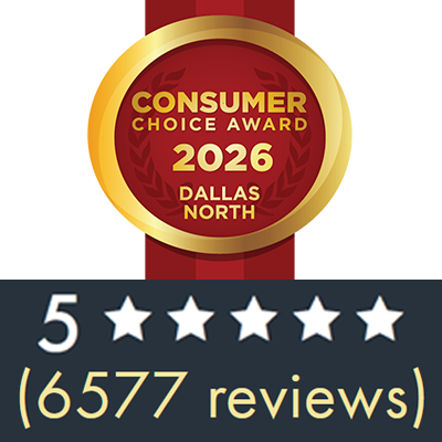 A 2025 Dallas North Consumer Choice Award badge above a 5-star rating graphic with 6,102 reviews.