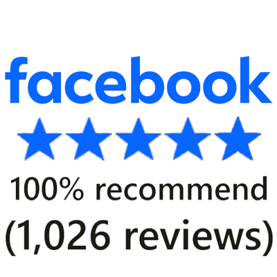 Facebook logo above five blue stars with the text 