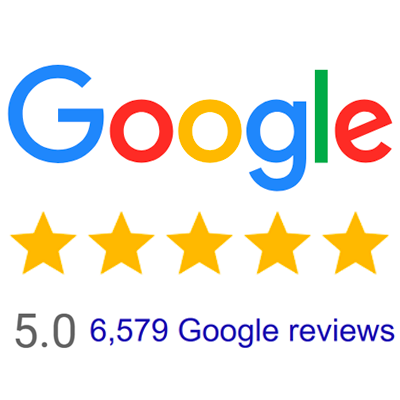 Google logo above five filled-in gold stars, indicating a 5.0 rating based on 6,106 Google reviews.