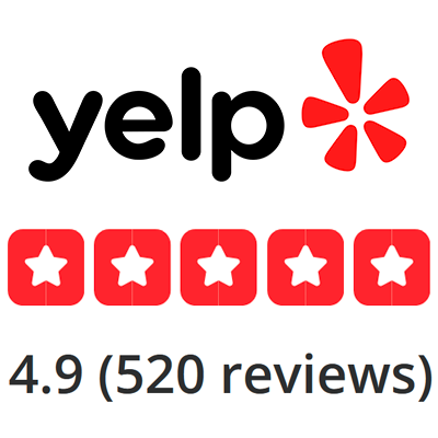 Yelp logo above five red stars and text indicating a 4.8 rating from 477 reviews.