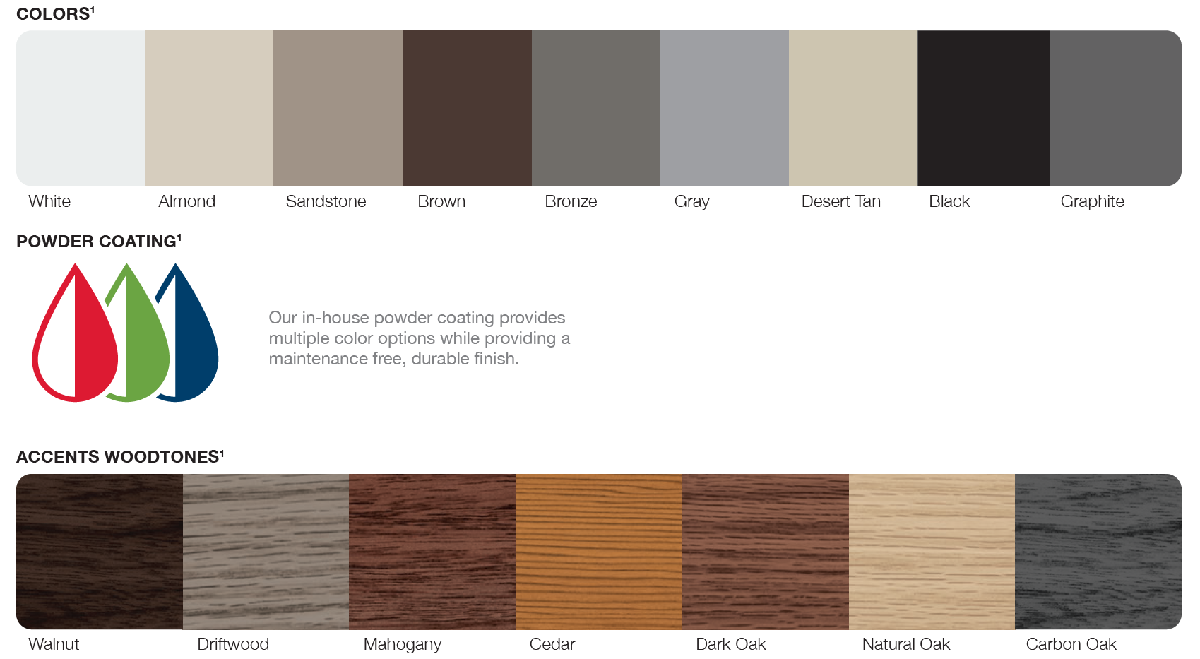 Color swatches: white to gray, plus wood grain finishes in various tones. Color swatches: white to gray, plus wood grain finishes in various tones.