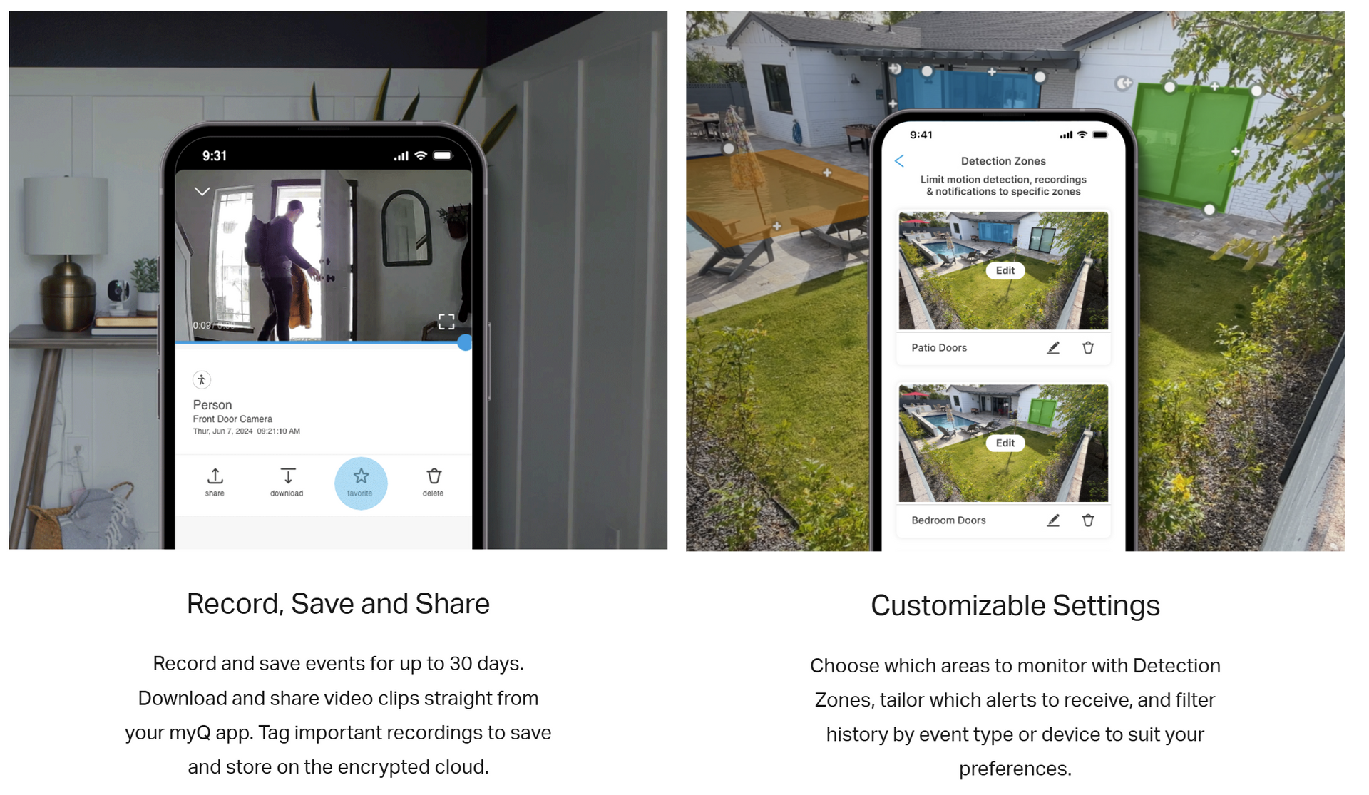 Two smartphone screens display security camera app interface; one inside, one outside, showing recorded footage and customization settings.