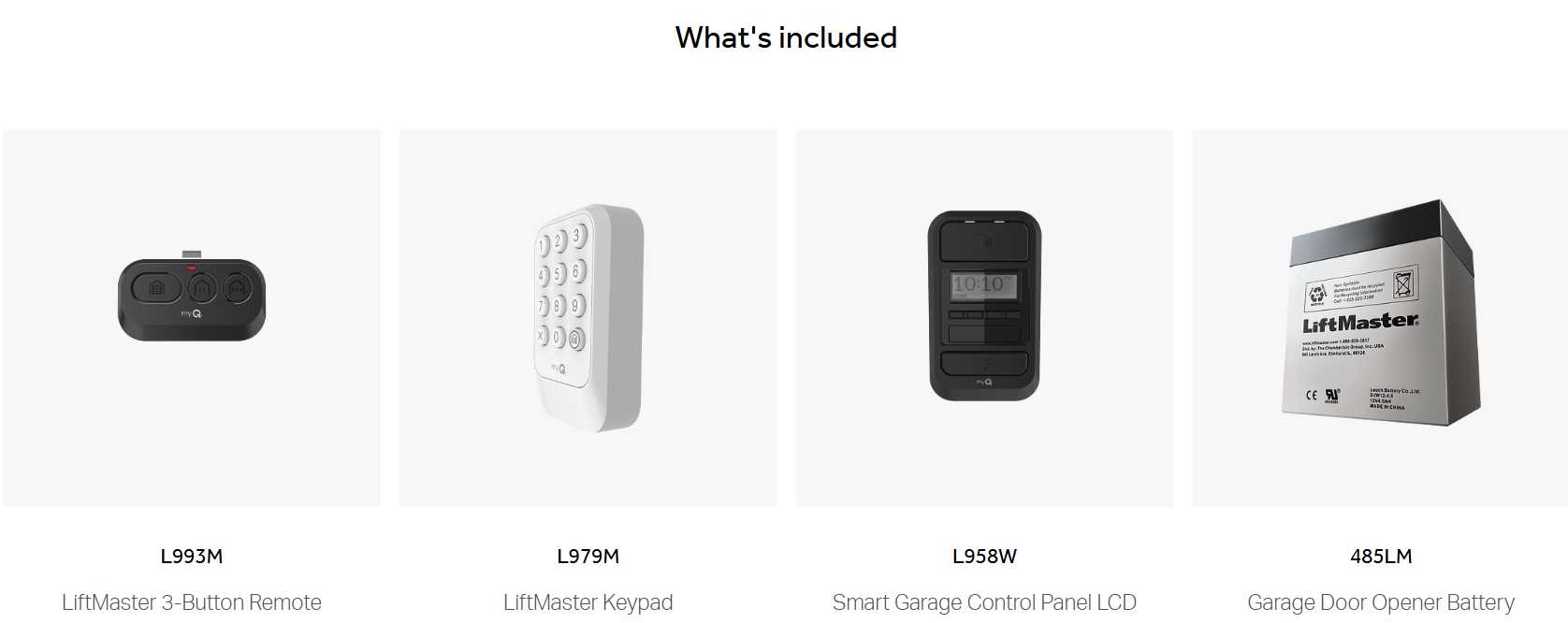 Four product images: UV device / beam sensor, UV device keypad, Smart garage controller w/ LEDs, and swing door opener battery.