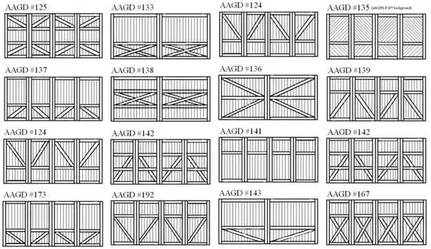 Panel illustrations of various wooden gate designs, each labeled with an AAGID number.