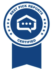 A blue Best Pick Reports certified badge, featuring a house icon with a speech bubble and stars on either side.