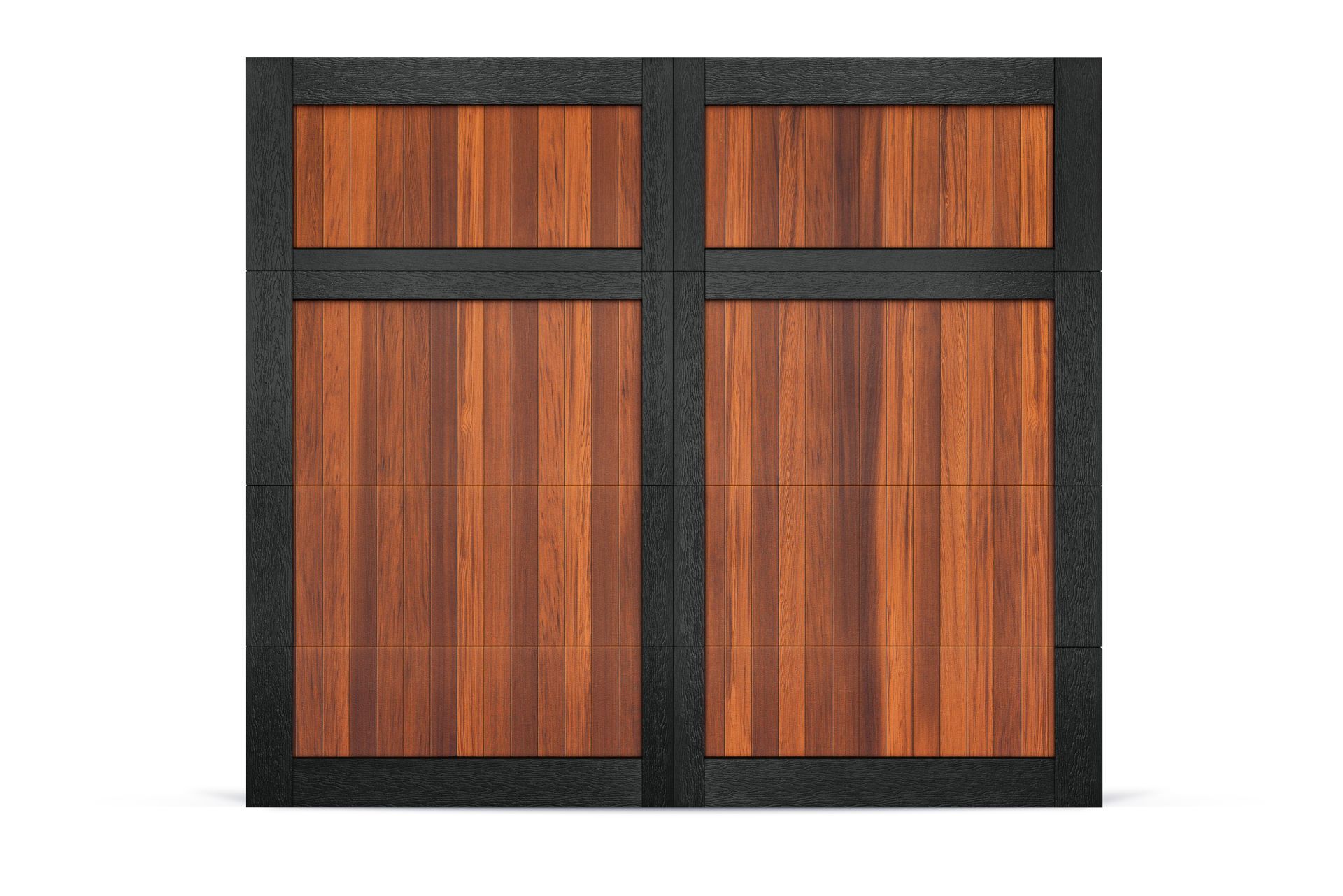 A double-door garage gate with warm wood-grain vertical panels framed by a contrasting black textured border.