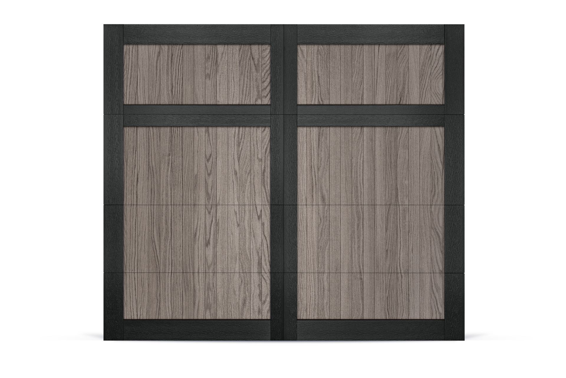 A double garage door with a black frame and light gray, vertical wood-grain panels in a rectangular grid pattern.