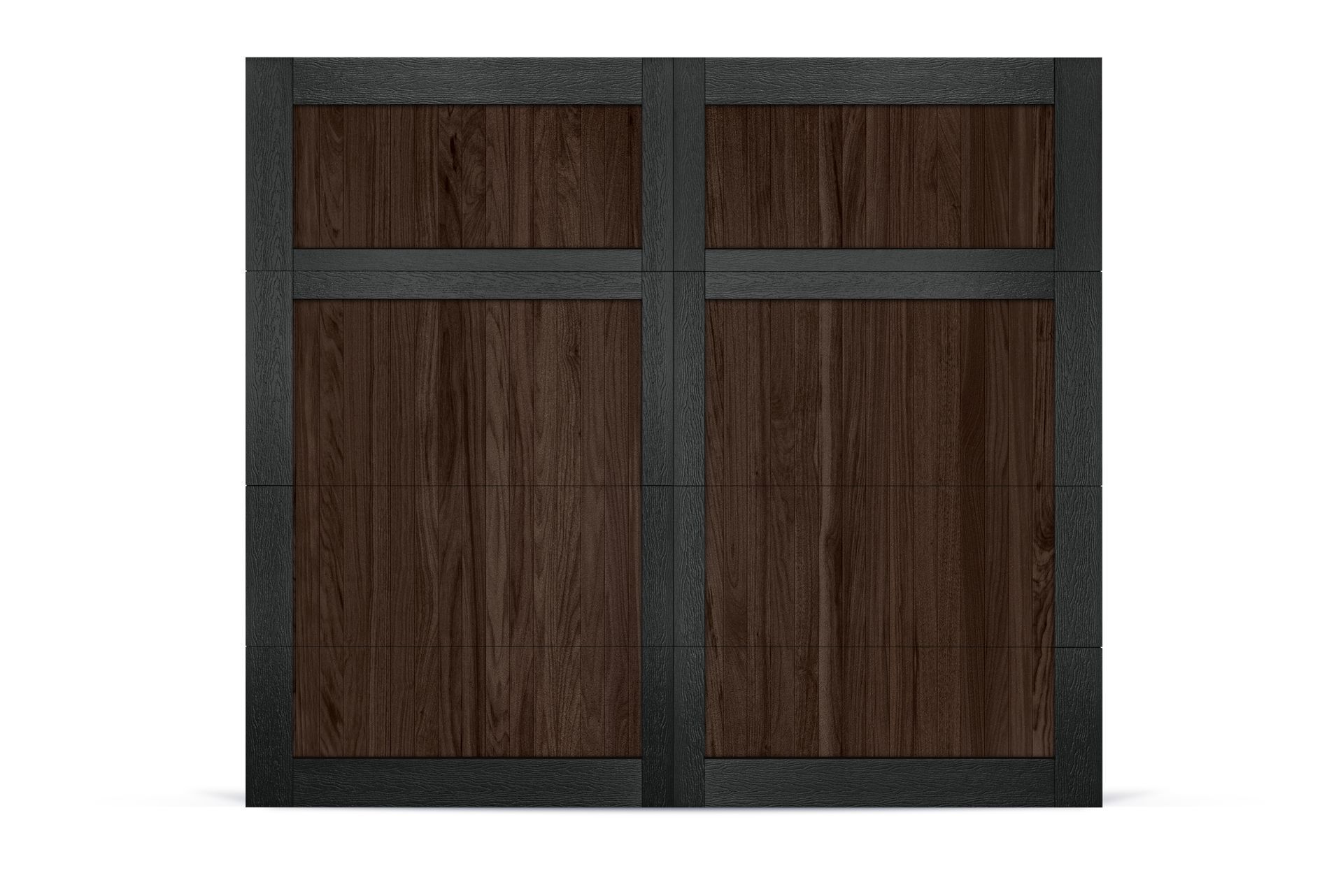 A double garage door with dark wood panels framed by a black, textured border.