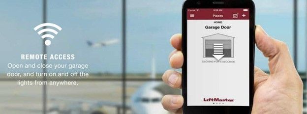 A person holding a phone showing a garage door app. A plane flies outside the window. A person holding a phone showing a garage door app. A plane flies outside the window.
