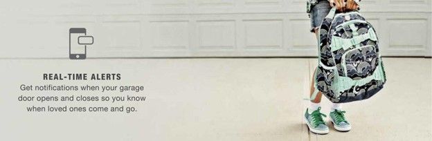 A person with a backpack and green shoes stands near a garage door. A phone icon is shown with a notification. Text reads Real-time Alerts.