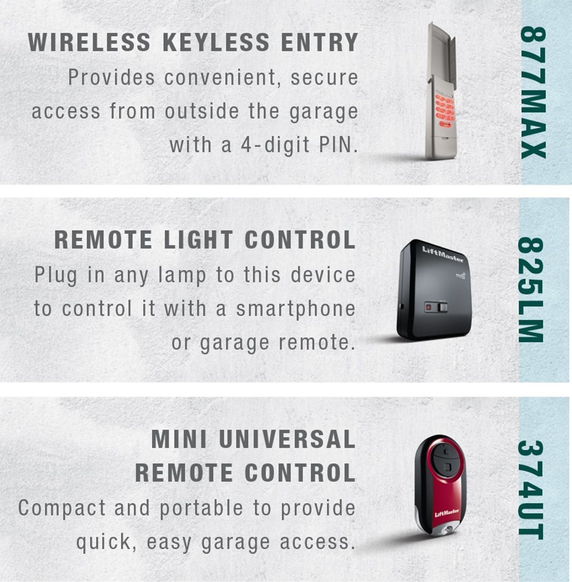 Three garage door accessories: keyless entry, light control, and mini remote. Each with a description and product code. Three garage door accessories: keyless entry, light control, and mini remote. Each with a description and product code.