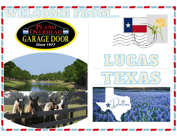 Postcard-style graphic from Plano Overhead Garage Door, welcoming visitors to Lucas, Texas, with local imagery. Postcard-style graphic from Plano Overhead Garage Door, welcoming visitors to Lucas, Texas, with local imagery.