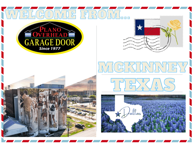 Postcard from Plano Overhead Garage Door, McKinney, Texas with a Texas flag, bluebonnets, and the Dallas outline.
