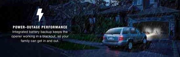 Car pulling into a garage in the rain during a blackout. Lightning bolt icon and text: Power-Outage Performance. Car pulling into a garage in the rain during a blackout. Lightning bolt icon and text: Power-Outage Performance.