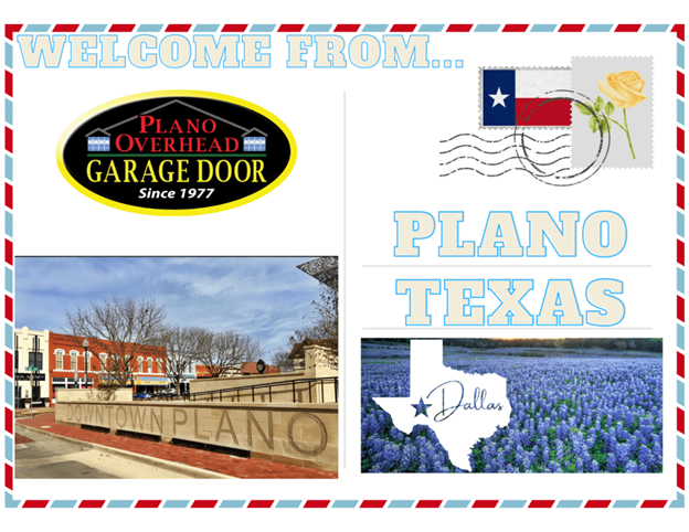 Plano Overhead Garage Door postcard. Includes Texas flag, flowers, downtown Plano, and bluebonnets. Plano Overhead Garage Door postcard. Includes Texas flag, flowers, downtown Plano, and bluebonnets.