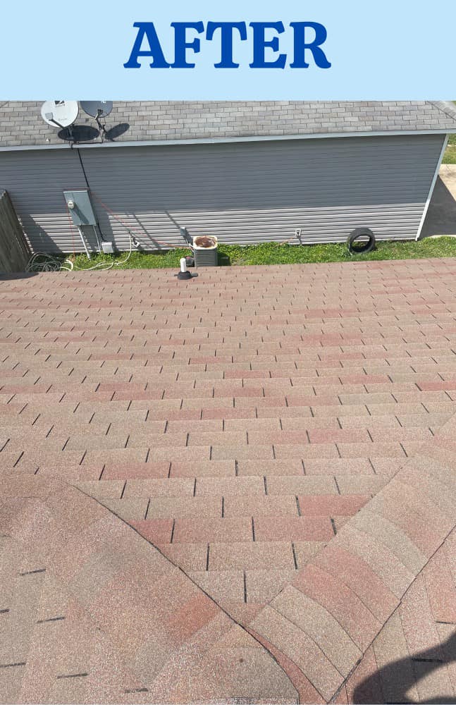 A picture of a brick patio before and after being cleaned.