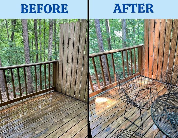 A before and after picture of a wooden deck with a table and chairs.