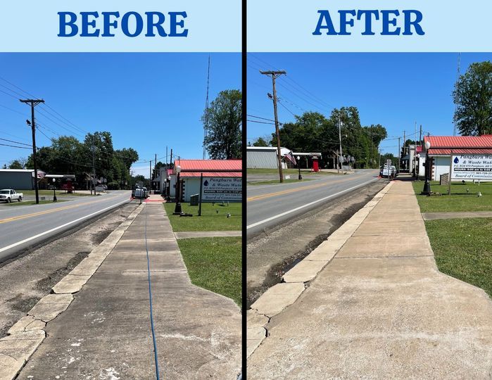 A before and after photo of a sidewalk next to a road