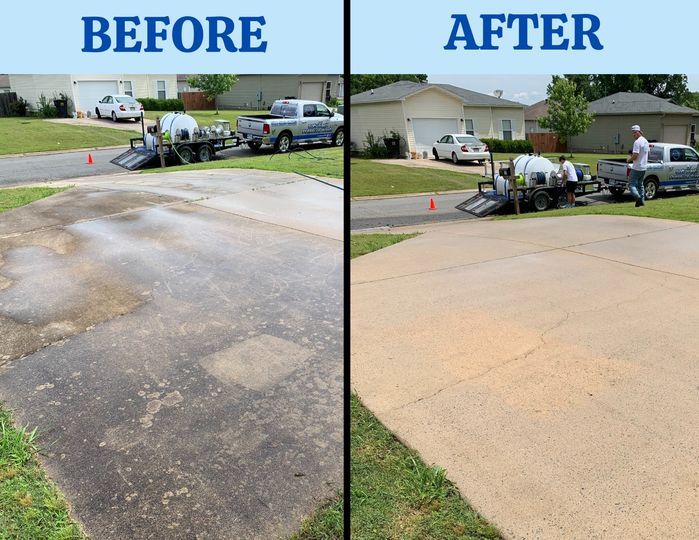 A before and after picture of a driveway