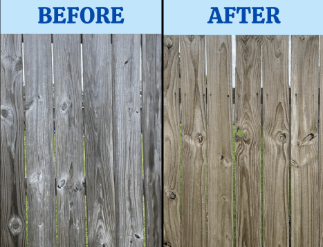 A before and after picture of a wooden fence.