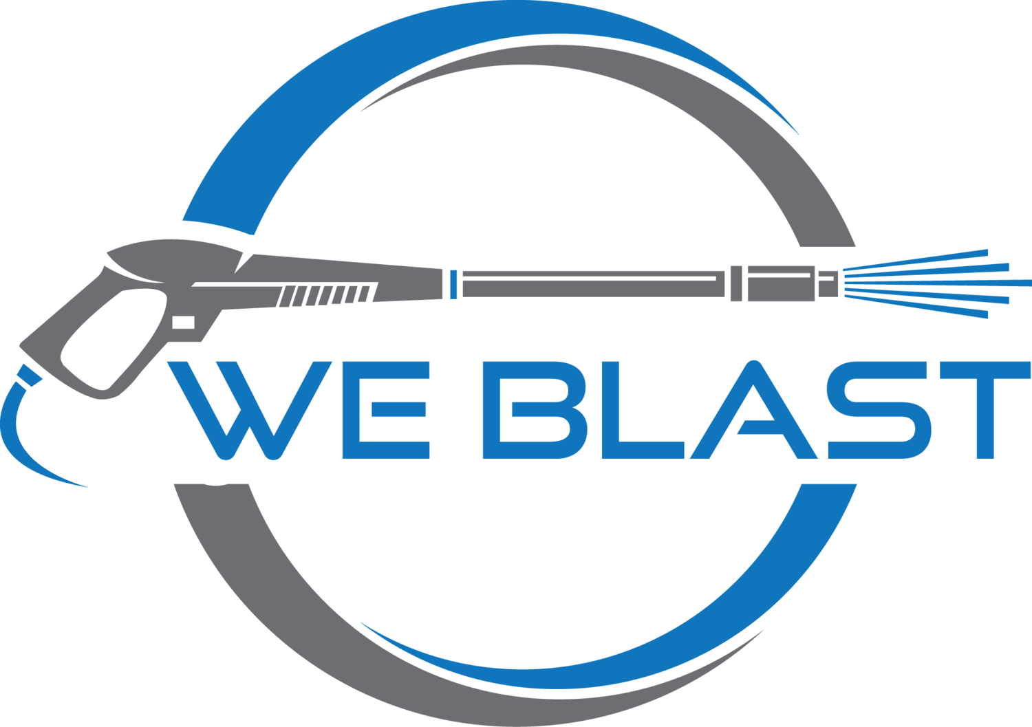 A logo for a company called we blast with a high pressure washer in a circle.