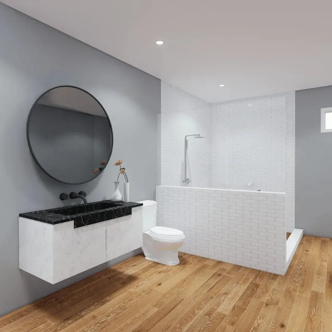 A bathroom with a toilet , sink , mirror and bathtub.
