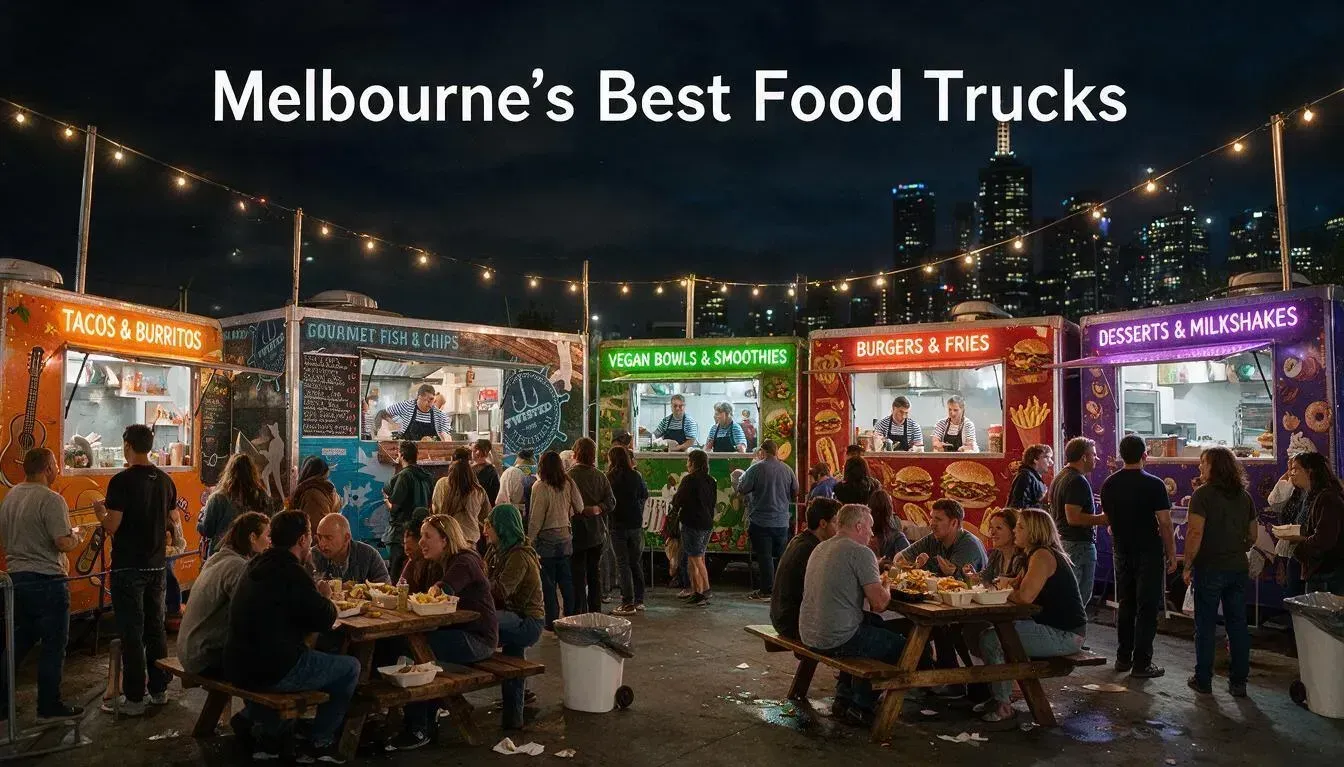 Best food trucks in Melbourne lined up at a busy food truck park at night with queues of diners