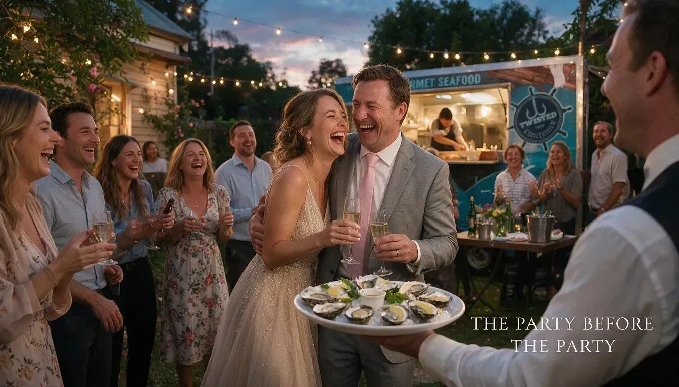 Engagement party catering in Melbourne with canapes and a food truck serving guests in a backyard at