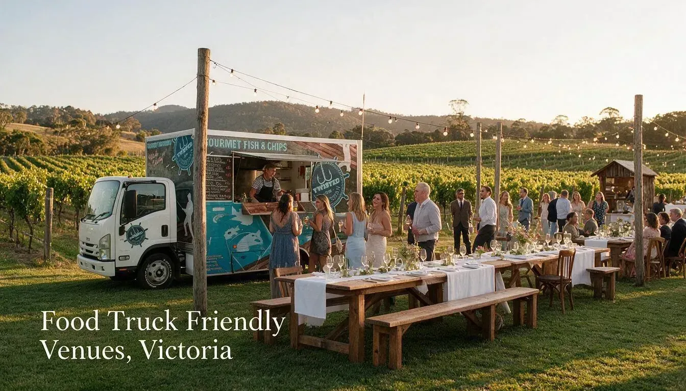 Food truck friendly winery venue in Victoria set up for a wedding with long tables and festoon light