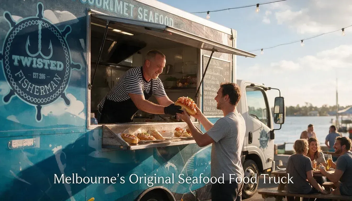 Twisted Fisherman seafood food truck in Melbourne serving a lobster roll from the service window at