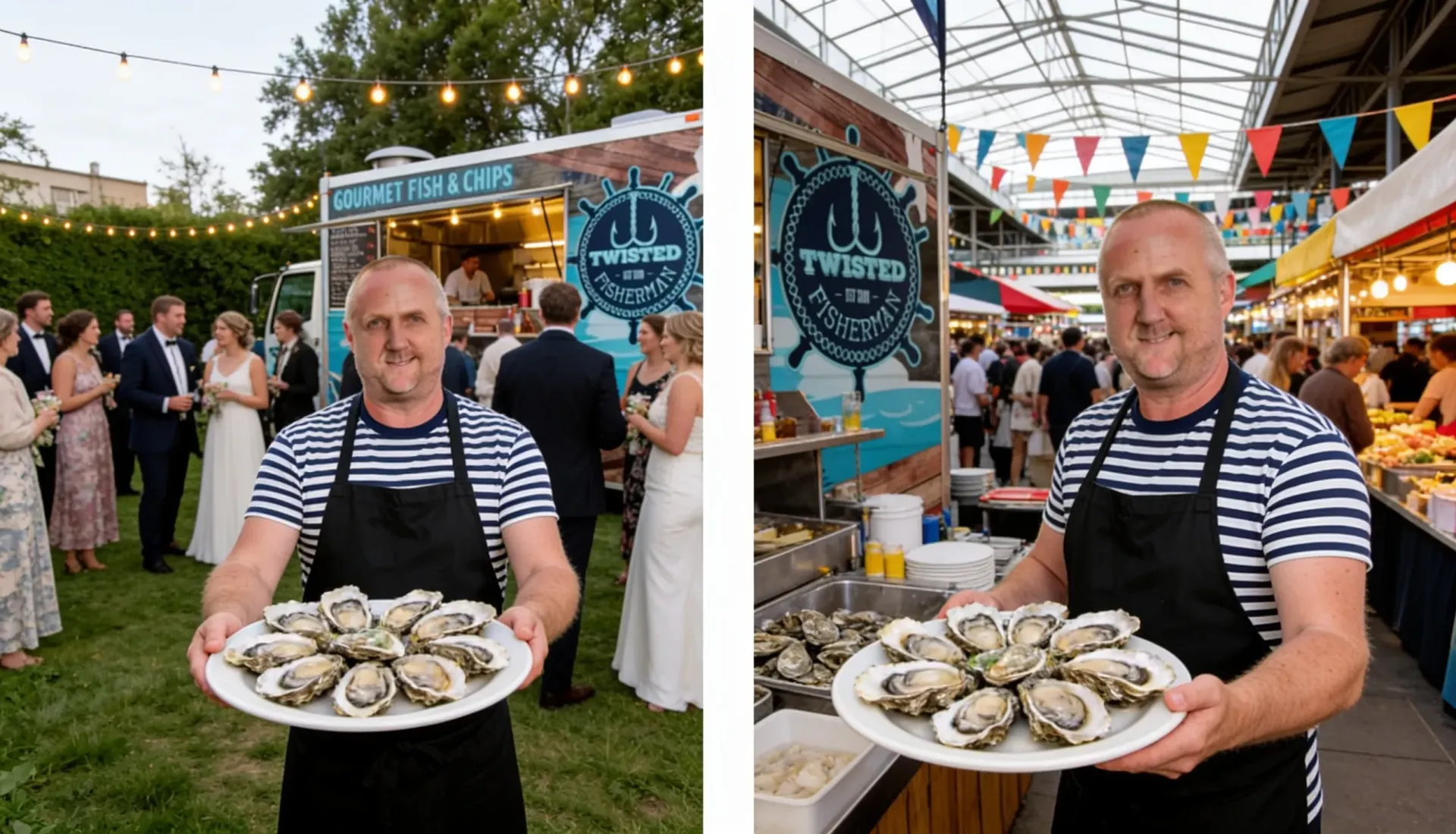 Twisted Fisherman food truck hire Melbourne: private wedding catering next to a public market