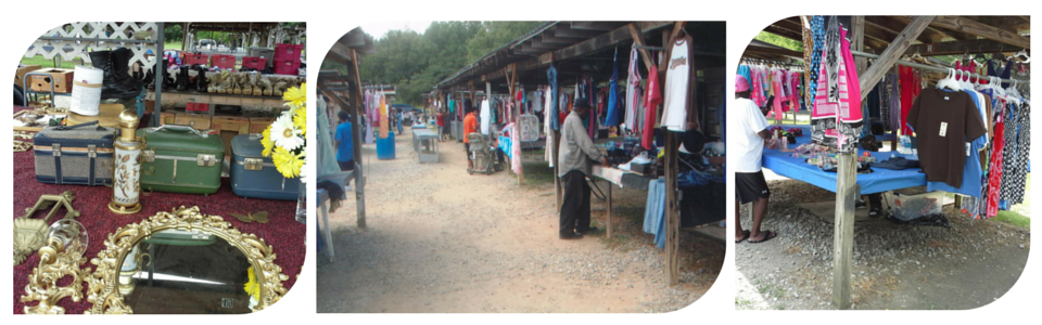 Three side-by-side panels showing an outdoor flea market with vendors displaying clothing, luggage, and decor.