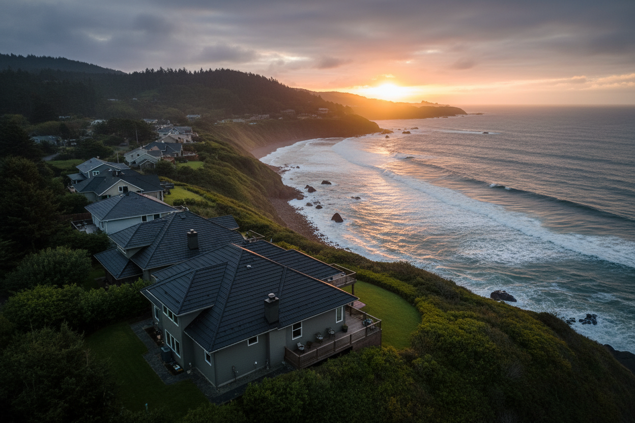 Aerial view of the Oregon Coast at sunset