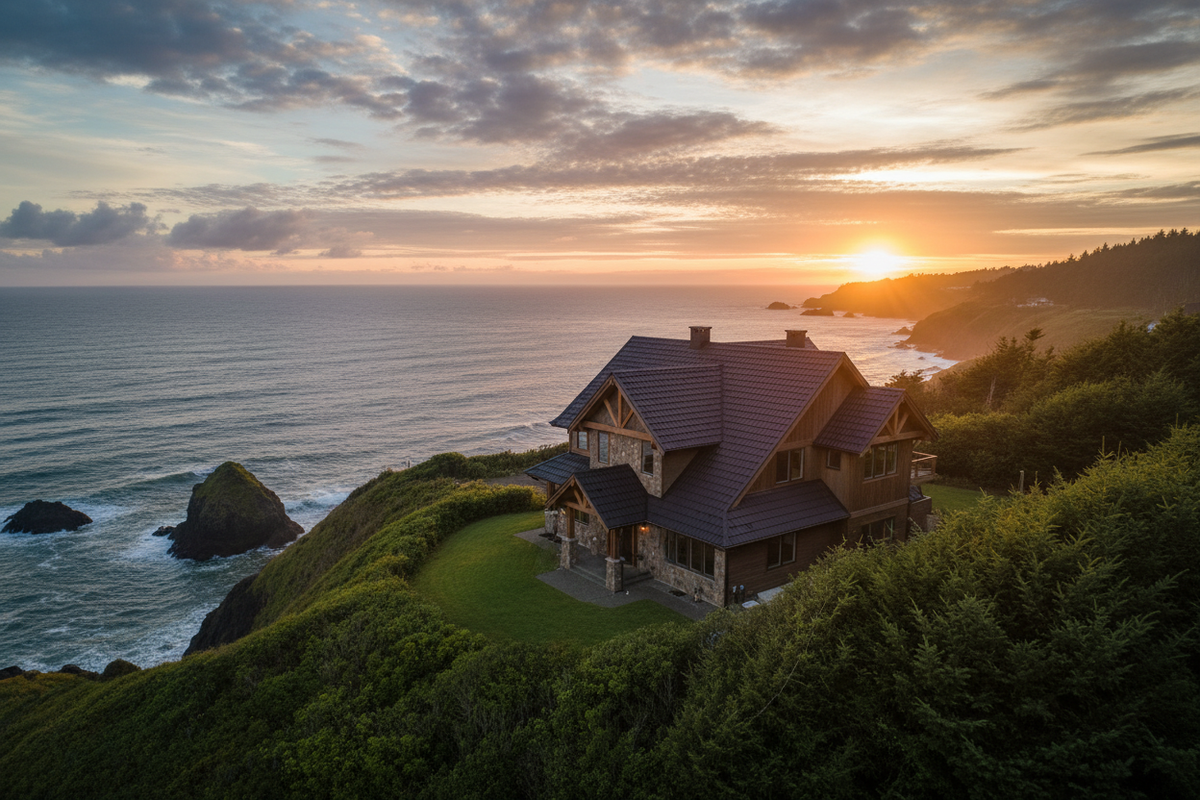 Coastal home with a newly finished roof at sunset