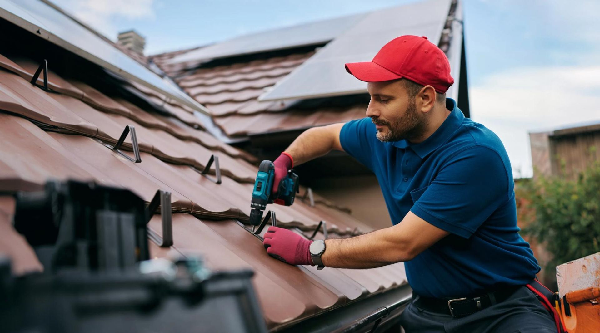 Roofer bending over a roof deck laying rows of new roofing tiles on timber battens