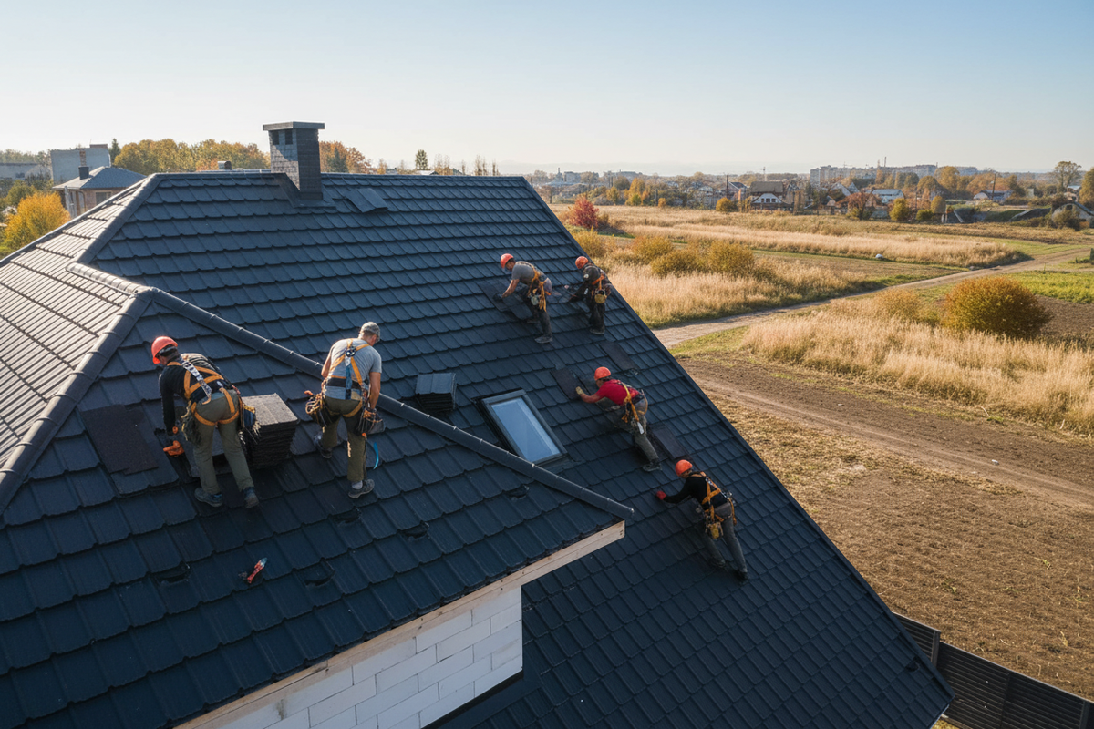 Crew removing and installing roofing materials