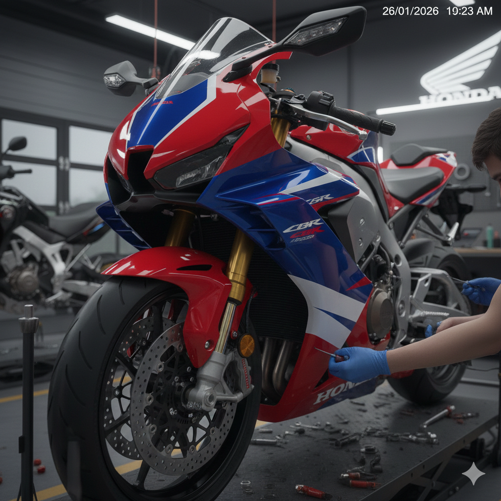 Una persona con guanti blu lavora su una motocicletta Honda CBR rossa, bianca e blu in un garage.