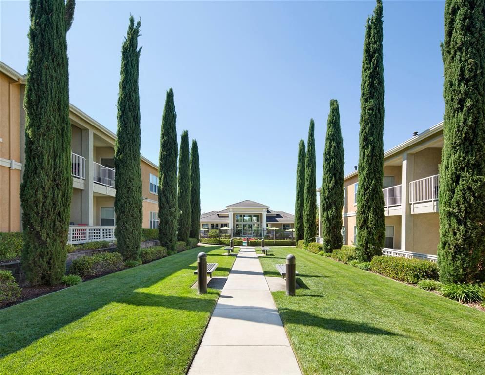 Pathway through a landscaped courtyard with tall evergreen trees between apartment buildings at Iron Point at Prairie Oaks apartments in Folsom, CA.