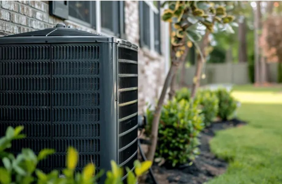 An air conditioner is sitting outside of a house on gravel.