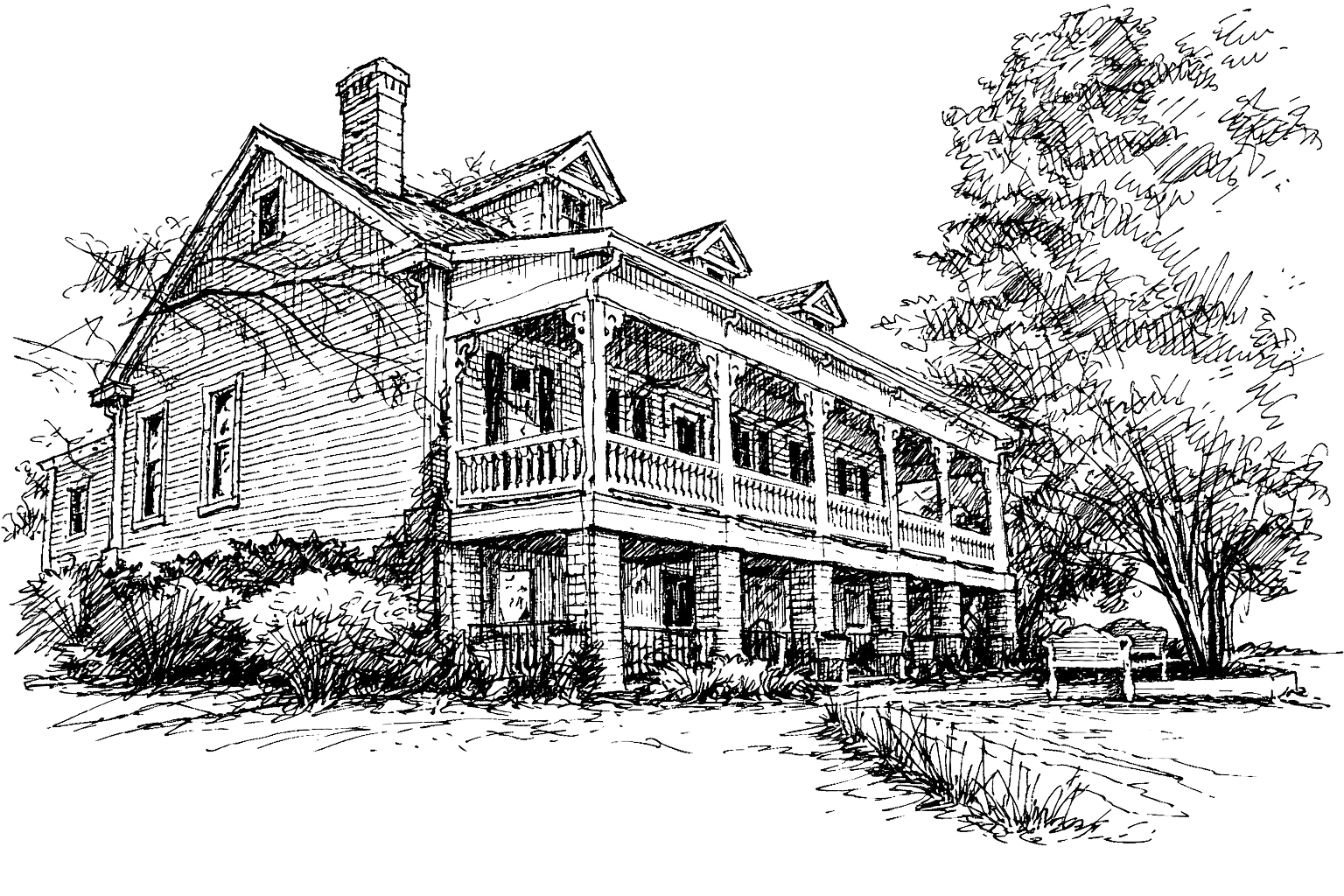A detailed line drawing of a historic two-story house with a wraparound porch and gabled roof, surrounded by trees.