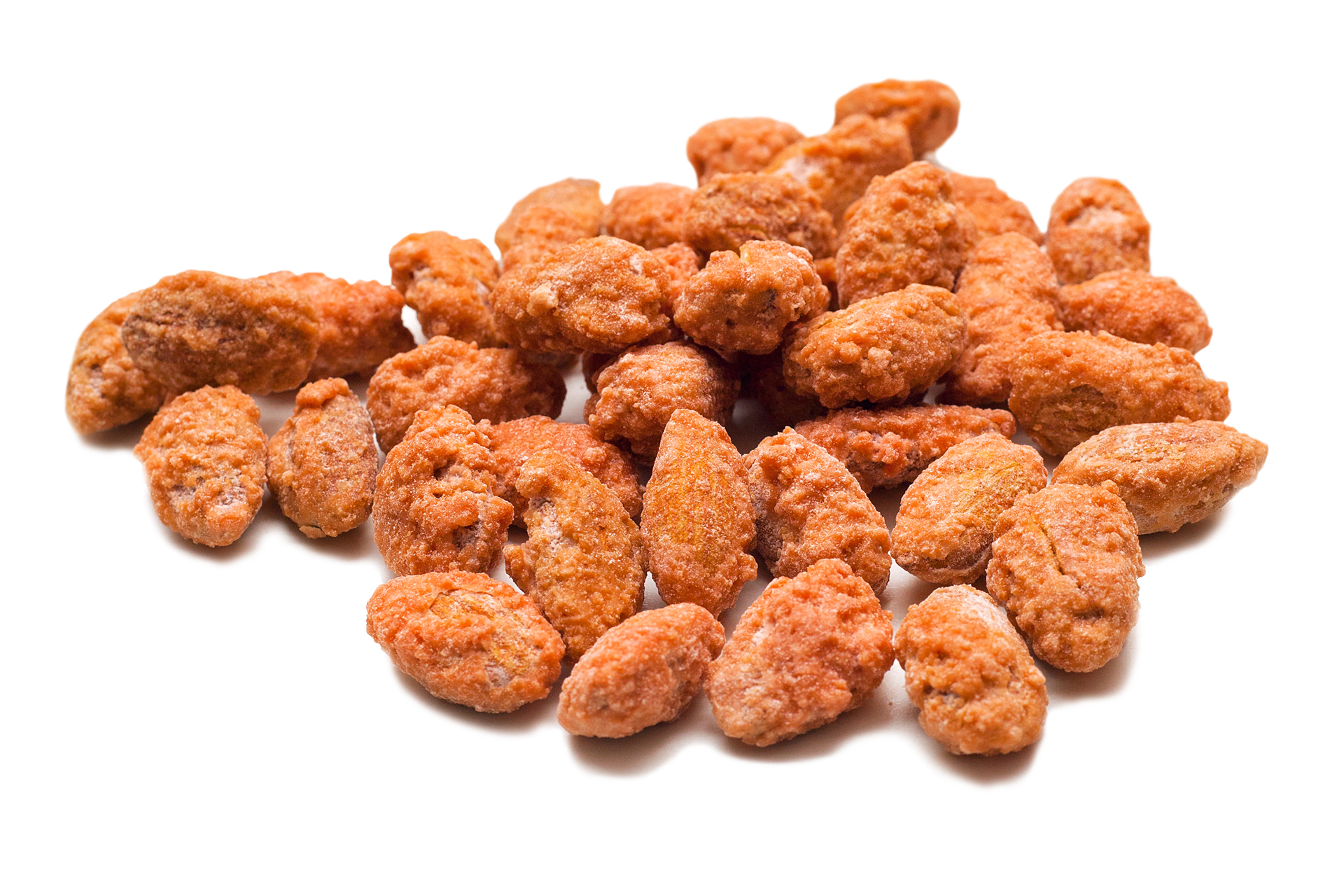 Pecans A pile of fried almonds on a white background