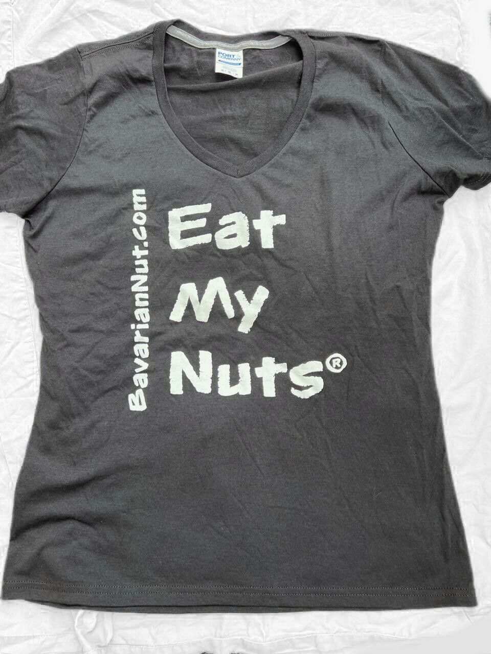 A black t-shirt with Eat My Nuts print