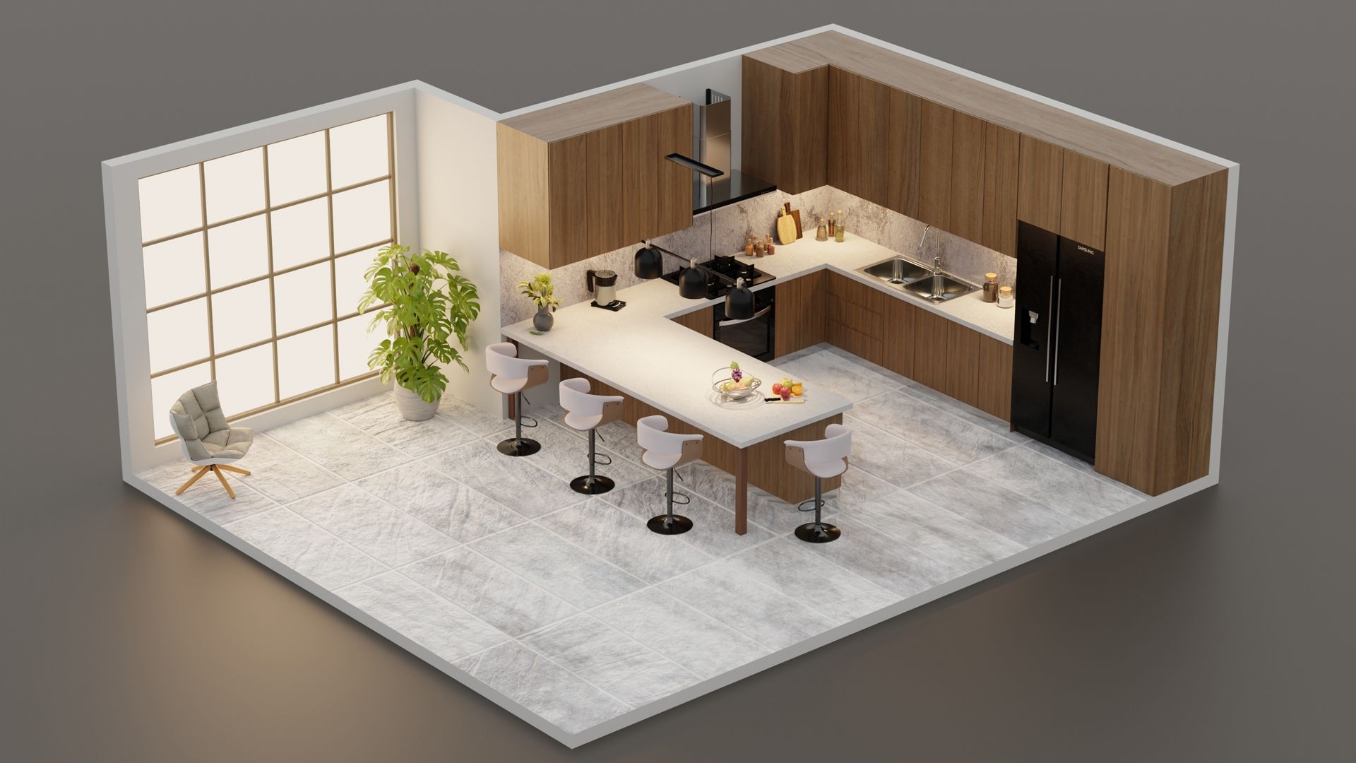 Modern kitchen with island seating, wood cabinets, marble floor, and a large window with a plant