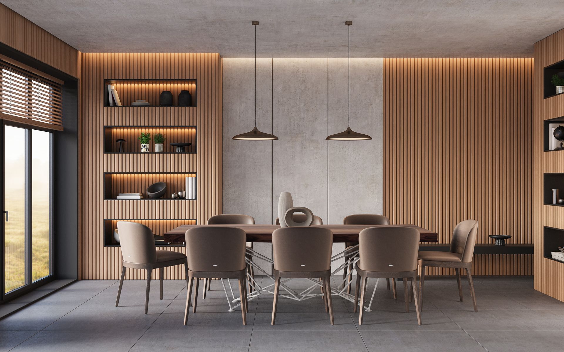 Modern dining room with a long table, chairs, pendant lights, and wood slat wall accents
