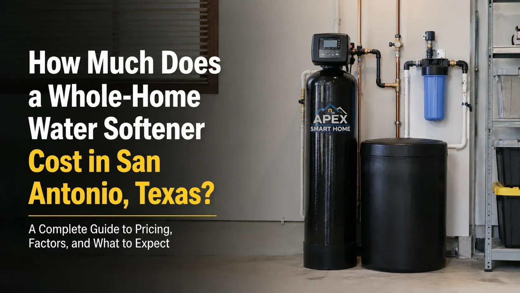 An APEX water softener system with text explaining how much does a whole-home water softener cost in San Antonio.