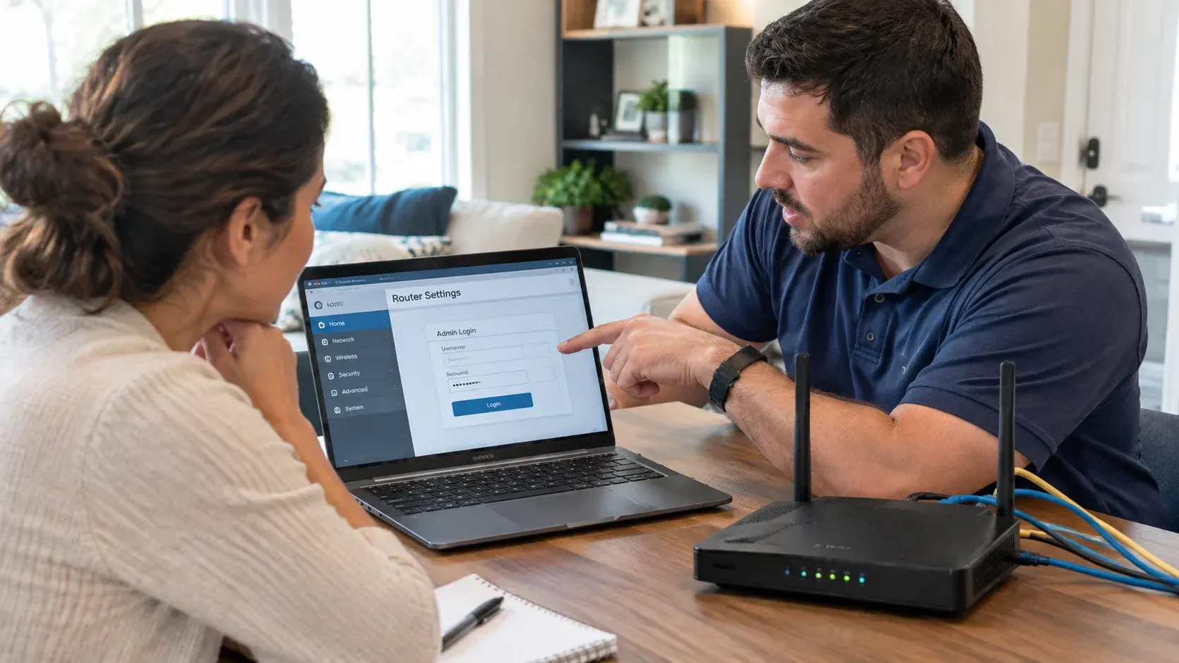 A technician pointing to router login settings on a laptop screen to show security risks.
