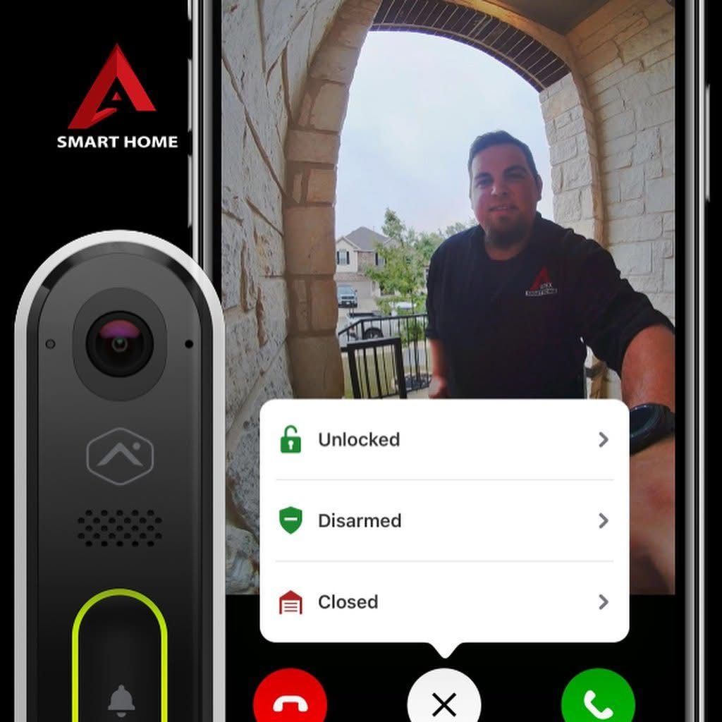 Smart home intercom showing a delivery person at the door with unlocked, disarmed, and closed status indicators