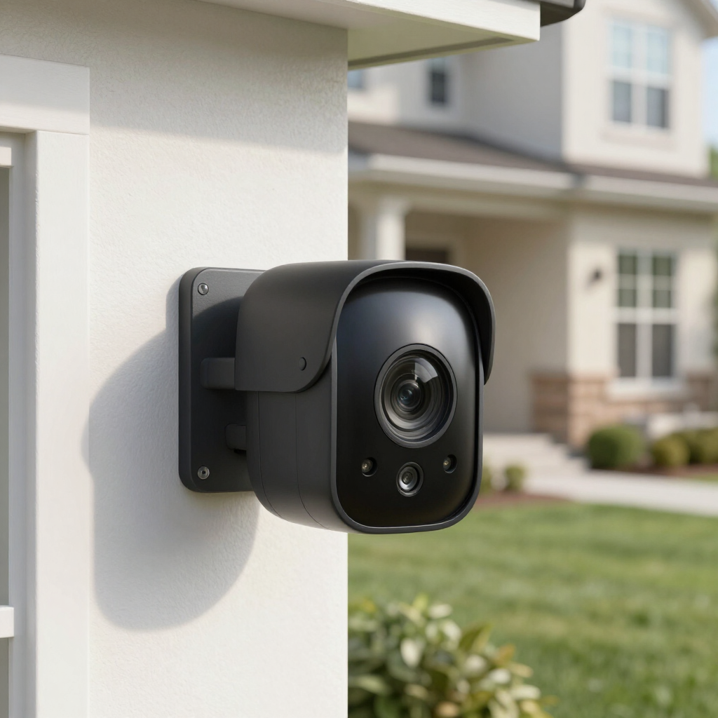 Black security camera mounted on a white house exterior, overlooking a suburban yard.
